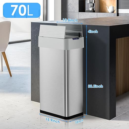 Arlopu 18.5 Gal Automatic Trash Can, 70L Stainless Steel Motion Sensor Garbage - Image 3