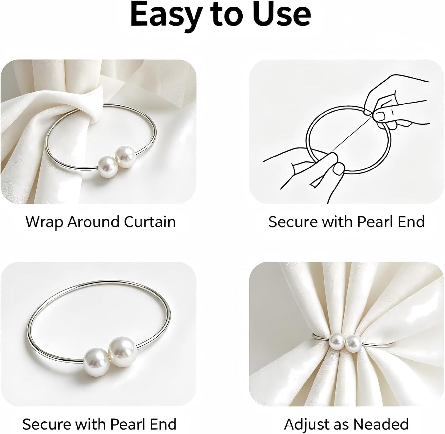 Curtain Tie with Sliver Clasps | Simple and Luxurious Design, Pearl Accents, Adjustable Buckles