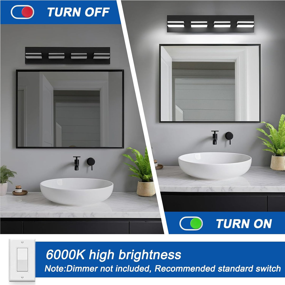 izorro led modern bathroom lights fixtures(4-light,dimmable,360°rotate),matte black acrylic showing dimensions