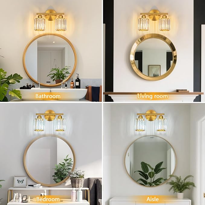 FDPBY Modern 2 Light Crystal Vanity Light, Brushed Gold Vertical Bathroom Light - Image 4