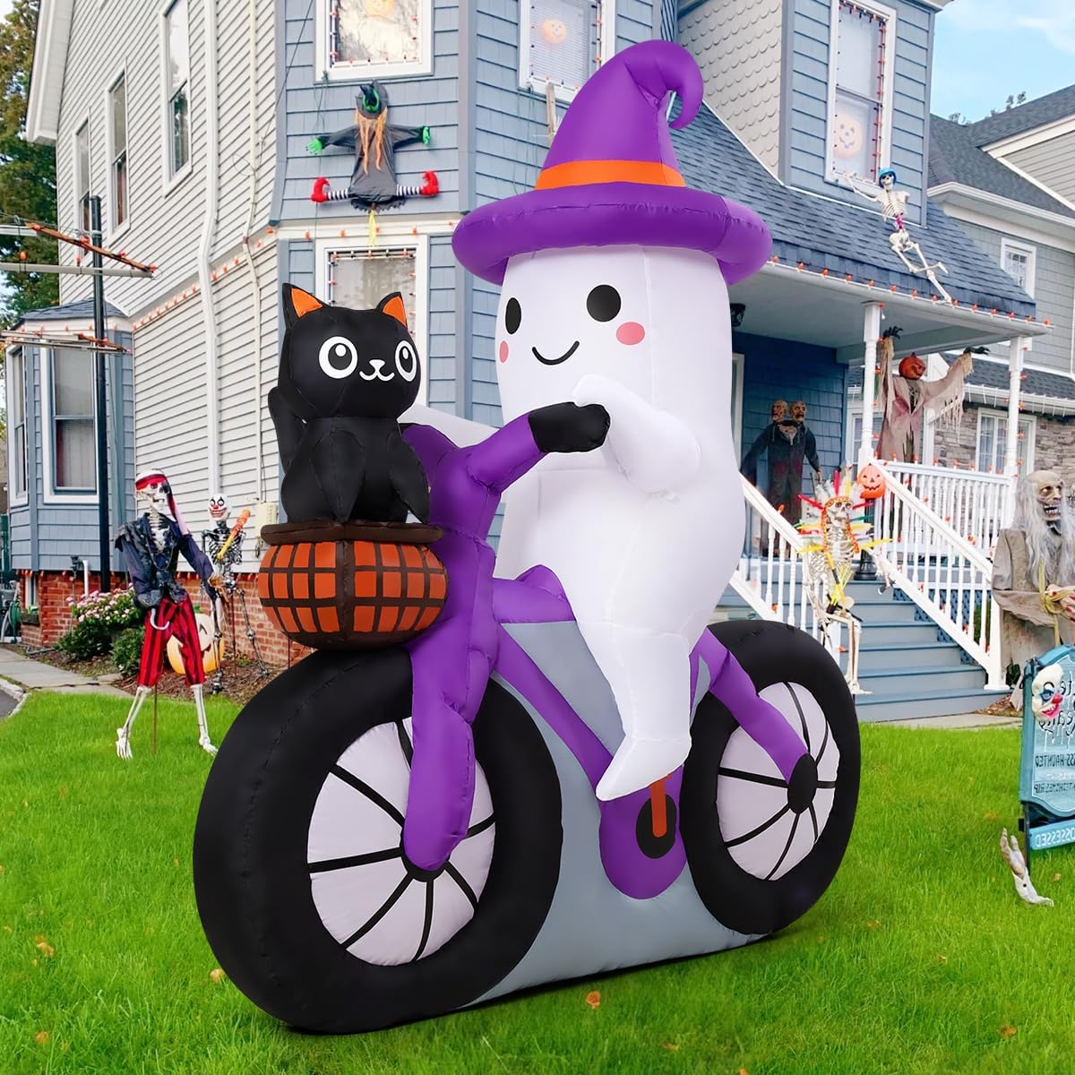 COMIN 5FT Halloween Inflatables Ghost Bike Black Cat Yard Decor with LEDs