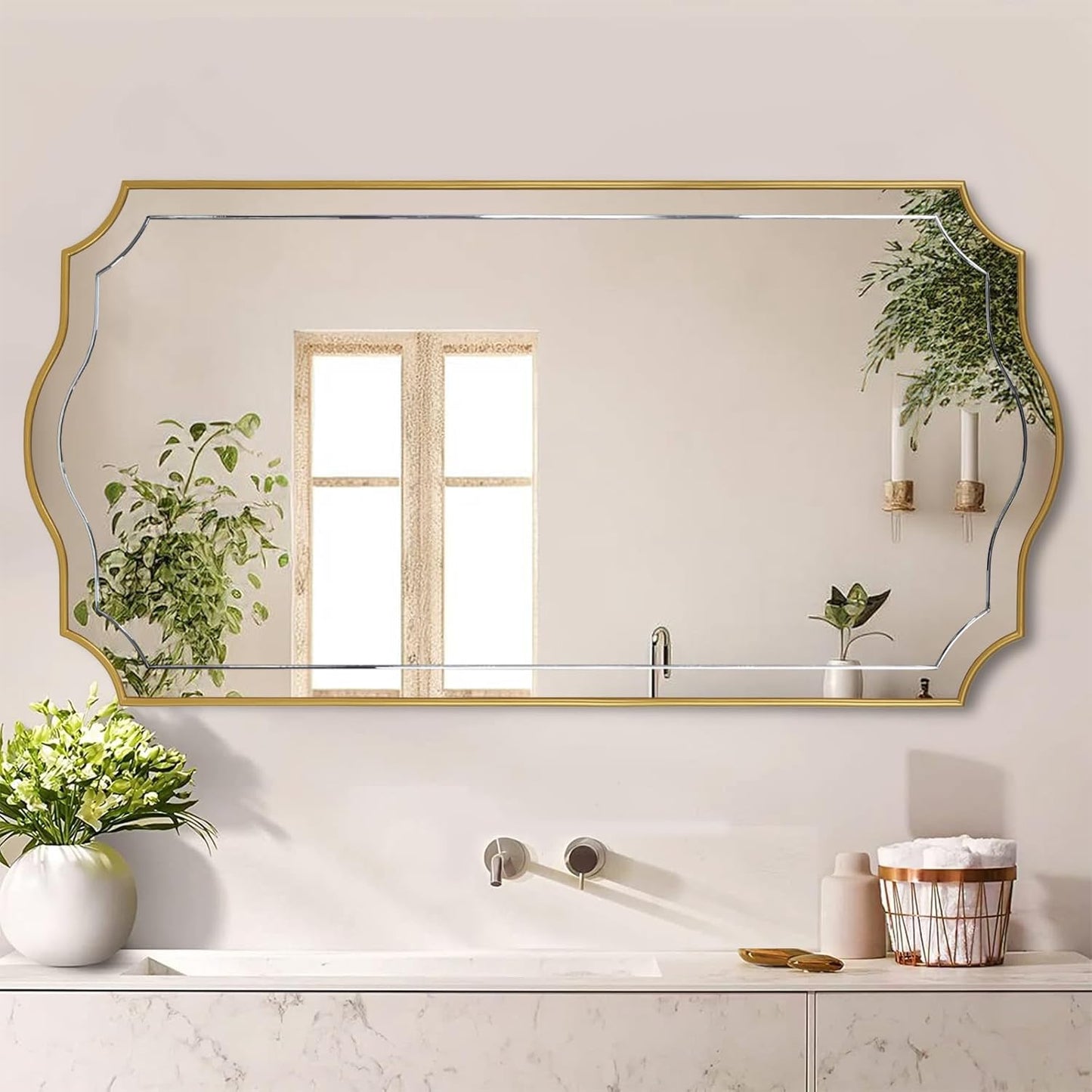 POZINO 47"x24" Large Scalloped Wall Mirror with Gold Wood Frame | Irregular Rectangle Design, Horizontal/Vertical Hanging, Elegant Wavy Wall Mirror for Entryway Bedroom Bathroom Living Room