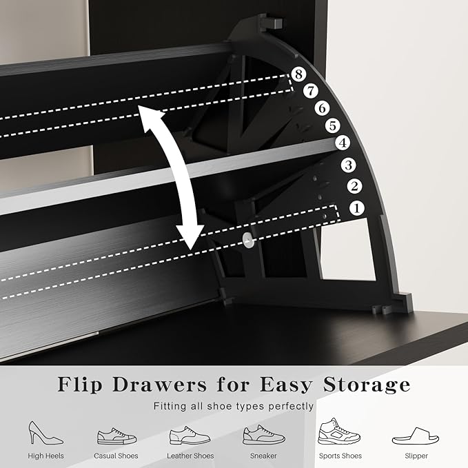 Shoe Storage Cabinet with 2 Flip Drawers & Adjustable Shelves, Freestanding - Image 3