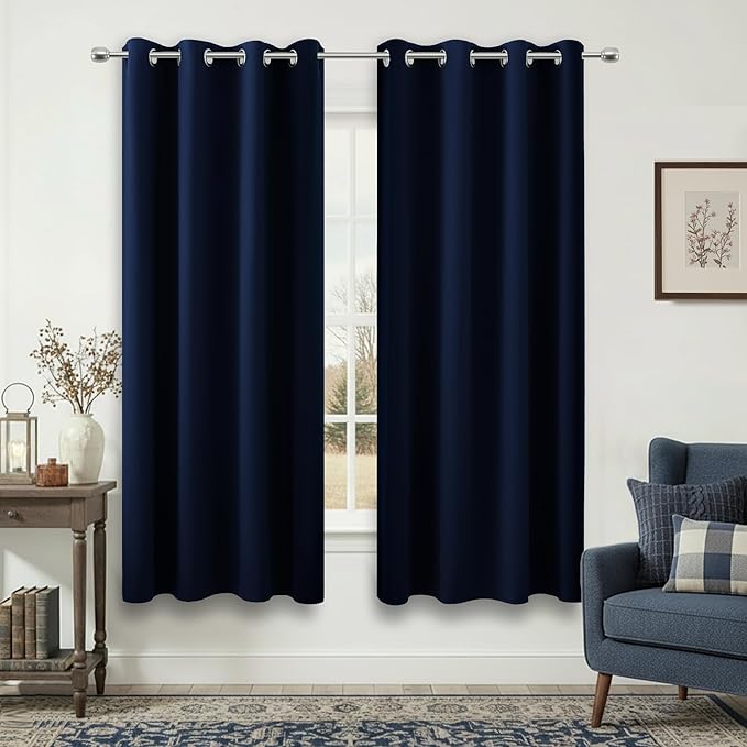 Navy Blue Black Out Curtains 63 Inch Long 2 Panels Burg, Thermal Insulated Pair by KOUFALL
