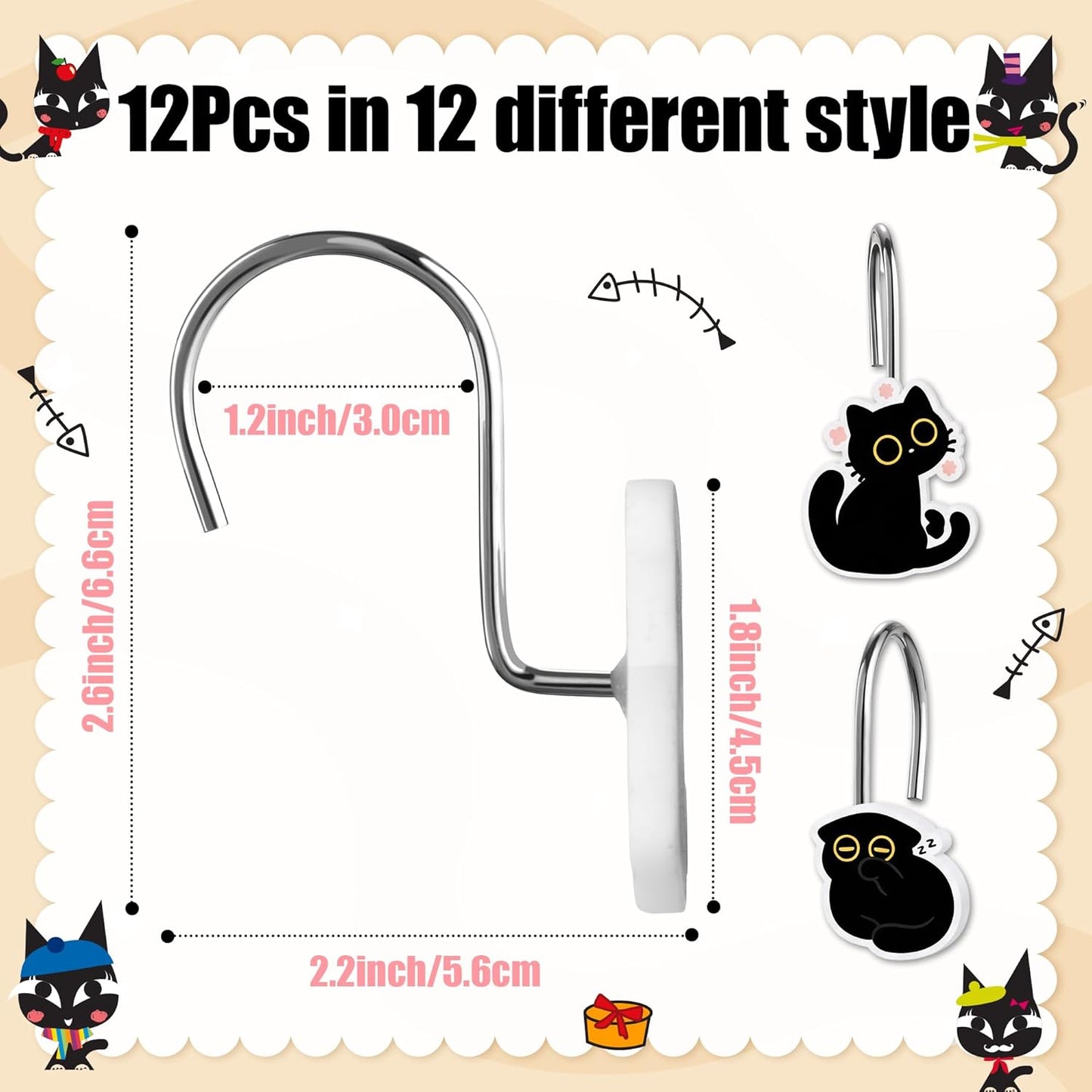 MALLMALL6 12Pcs Black Cat Shower Curtain Hooks Metal Rustproof Funny Decorative Pendants with Pink Flower Bread Fish for Bathroom Bedroom Room Home Lovely Decor Accessories Stainless Curtain Rings