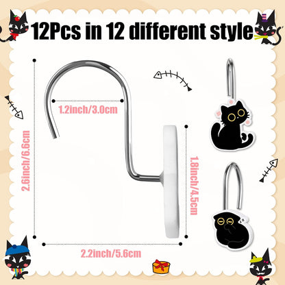 MALLMALL6 12Pcs Black Cat Shower Curtain Hooks Metal Rustproof Funny Decorative Pendants with Pink Flower Bread Fish for Bathroom Bedroom Room Home Lovely Decor Accessories Stainless Curtain Rings