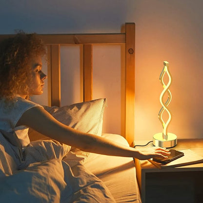 NUÜR Infinity Spiral LED Table Lamp Silver, Dimmable Metallic Bedside Lamp - Image 3