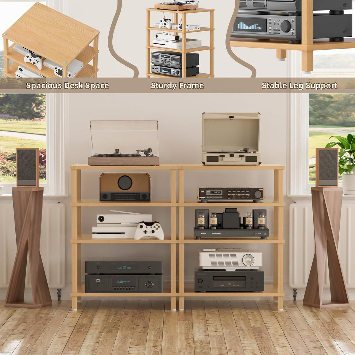 LELELINKY 4-Tier AV Media Player Stand, Natural Stereo Cabinet, Modern Audio ...