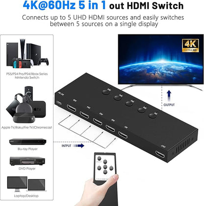 4K@60Hz 5 in 1 Out HDMI Switch, 5 Port HDMI Switcher Selector Support HDR10 & - Image 2