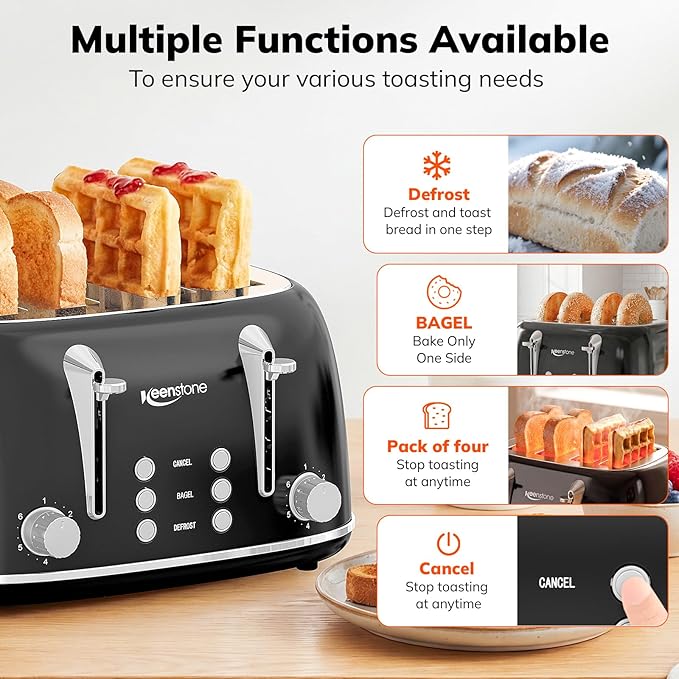 Keenstone Toaster 4 Slice, Retro Stainless Steel Wide Slot Toaster - Image 3