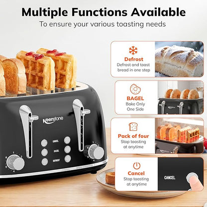 Keenstone Toaster 4 Slice, Retro Stainless Steel Wide Slot Toaster - Image 3