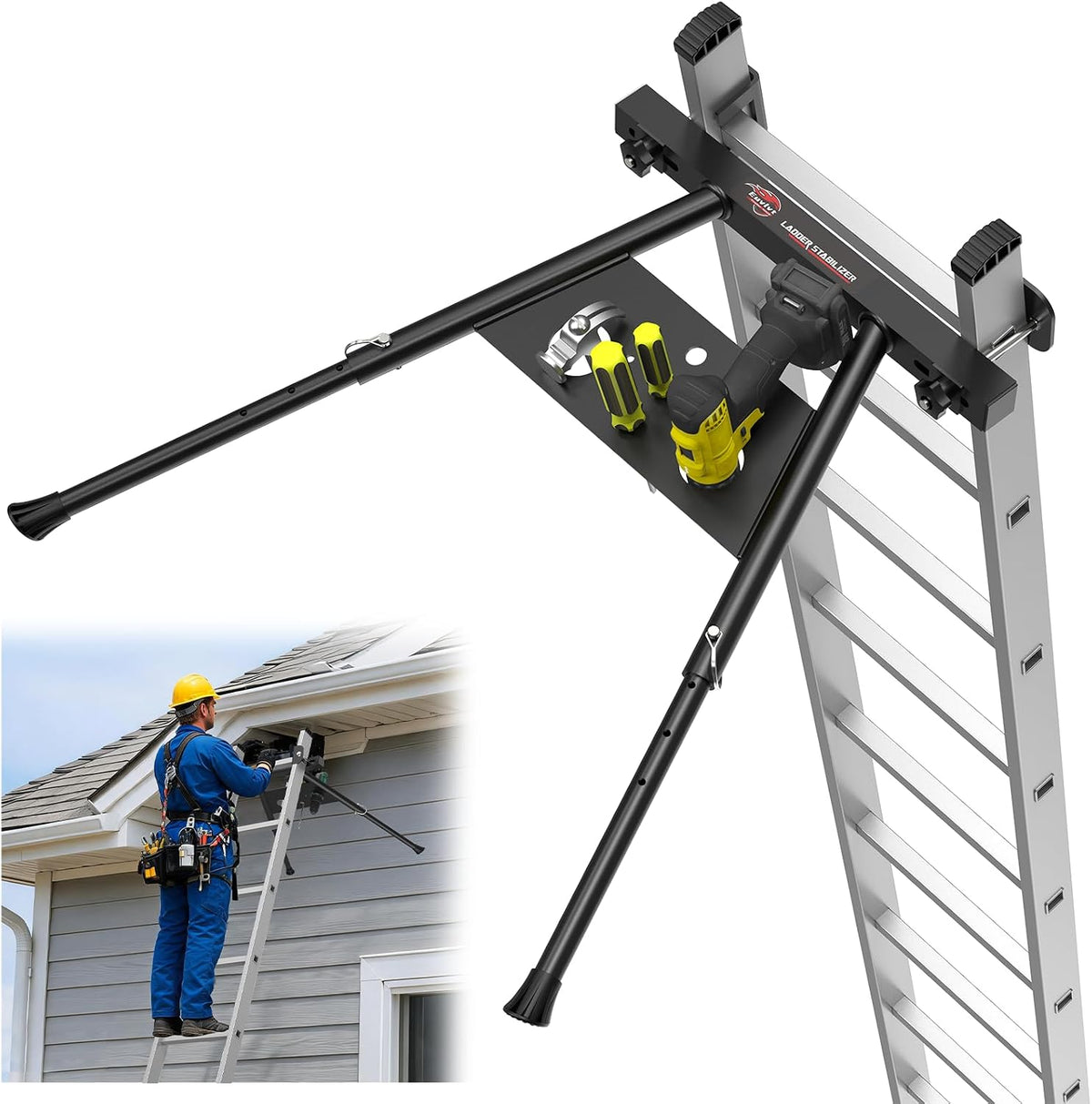 extension ladder stabilizer, extended ladder standoff with tool, main product view
