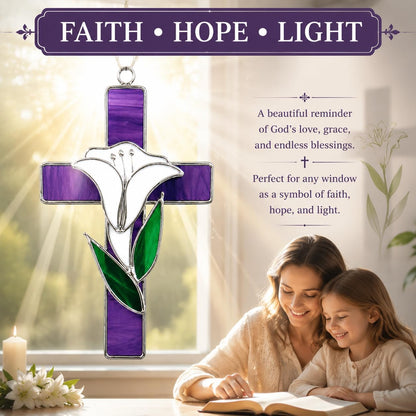SassyXpressions Stained Glass Cross with Lily – 9x5inch – Handcrafted Window Hanging Christian Cross – Decorative Home Décor, Prayer Room Ornament – Religious Keepsake, Faith-Inspired Christian Gift