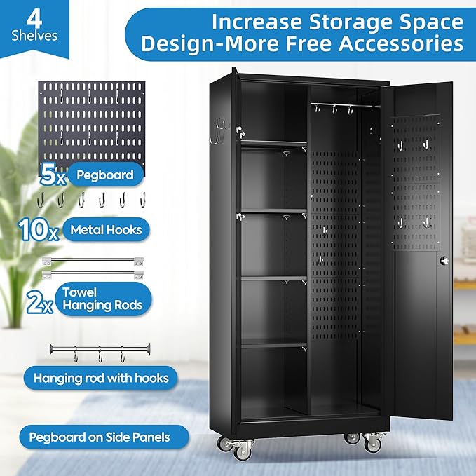SUXXAN Broom Closet Storage Cabinet with13 Hooks and Hanging Rods, Laundry Room - Image 4