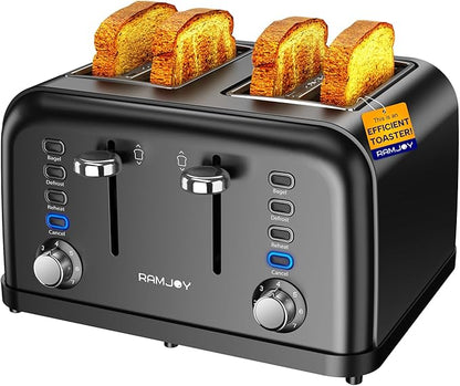 Black Toaster 4 Slice, Dual Independent Controls, Extra Wide Slot Toasters by RAMJOY