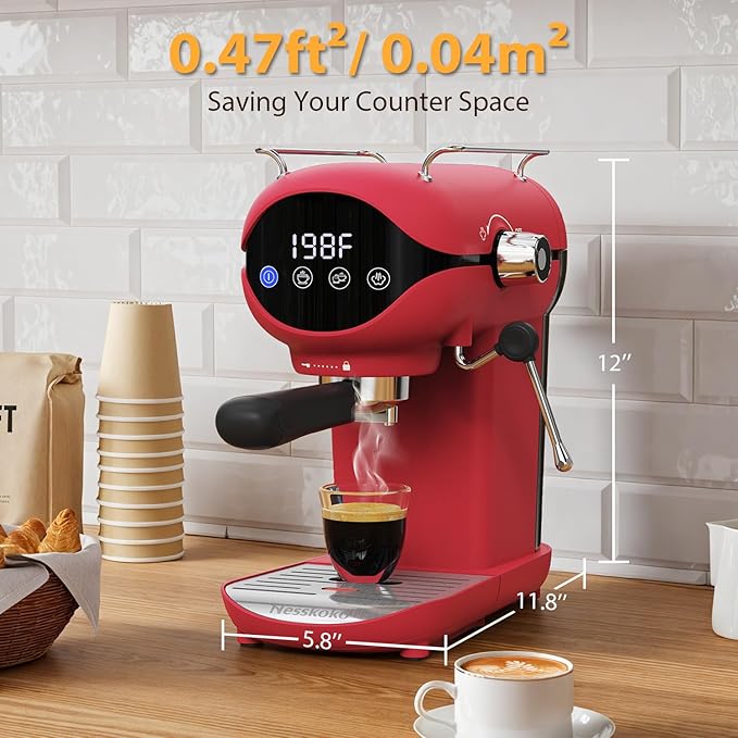 Espresso Machine with Steam Milk Frother Semi Automatic 20 Bar Compact Red with - Image 2