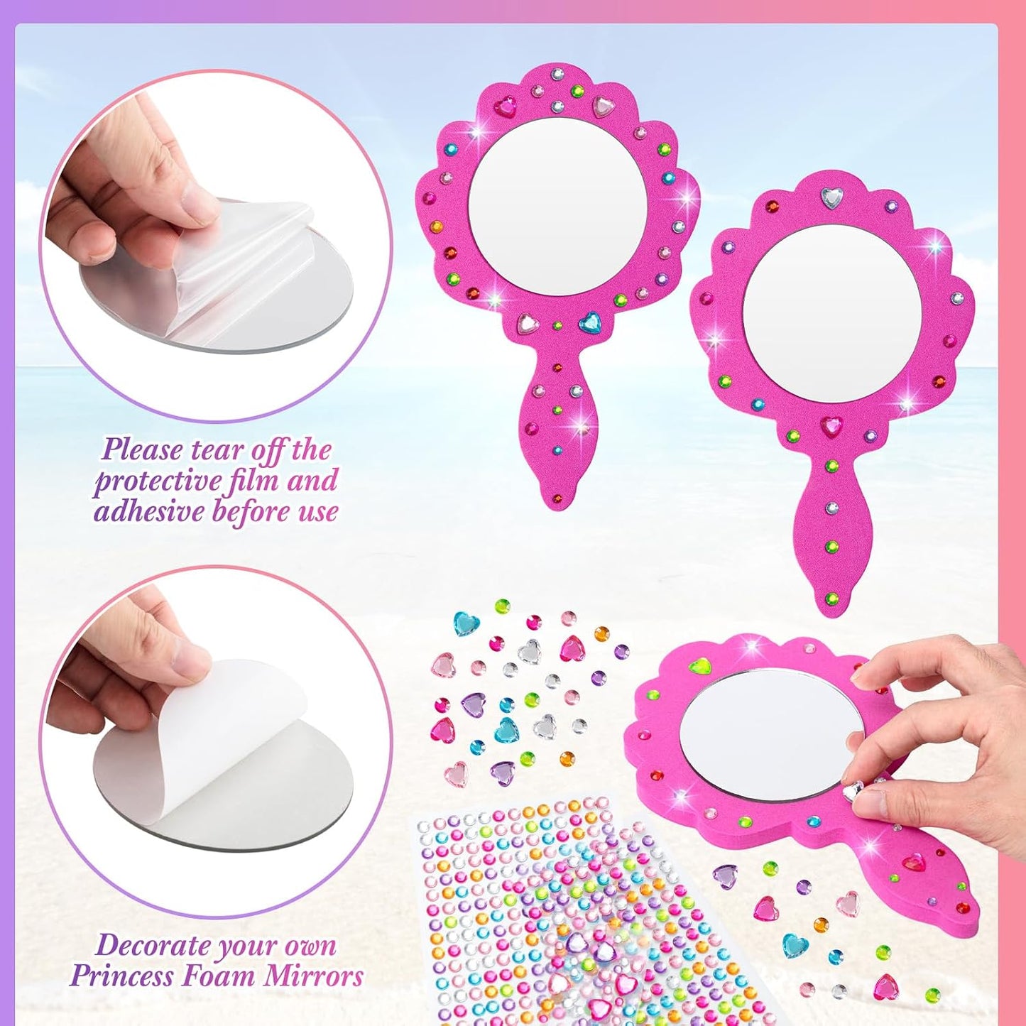 Geetery 20 Pcs Unbreakable Kids Mirror DIY Decorate Your Own Princess Mirror Mermaid Foam Small Crafts Princess Party Decorations(Pink)