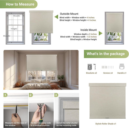 Blackout Roller Shades for Indoor Windows, Cordless Jacquard Fabric-Matched Roller Blinds, Easy to Install Privacy UV Protection Roll Up Blinds for Home Office, Beige, 52.5" W x 86" H