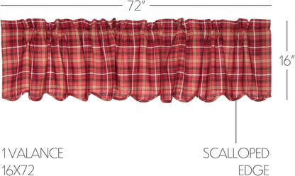 VHC Brands Rustic Red Plaid Braxton Scalloped Curtain for Kitchen & Dining Room Valance 16x72