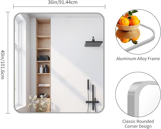 FORBATH 40x36 Inch Silver Bathroom Mirror - Image 8