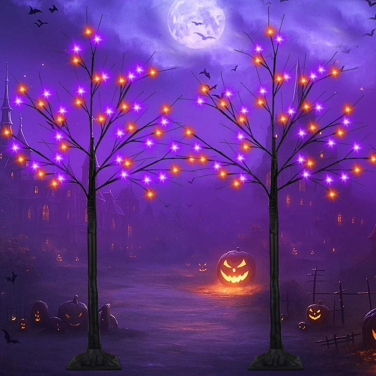 2 Pack 4FT Lighted Black Halloween Tree with 96 LED Orange & Purple Lights