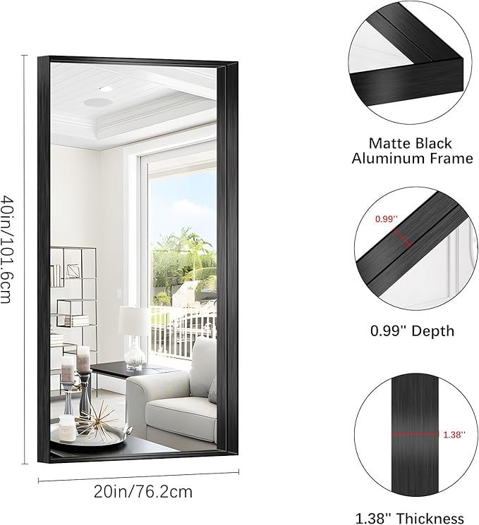 Black Bathroom Mirror, 40x20 Inch Rectangular Framed Mirror, Large Wall Mounted - Image 5