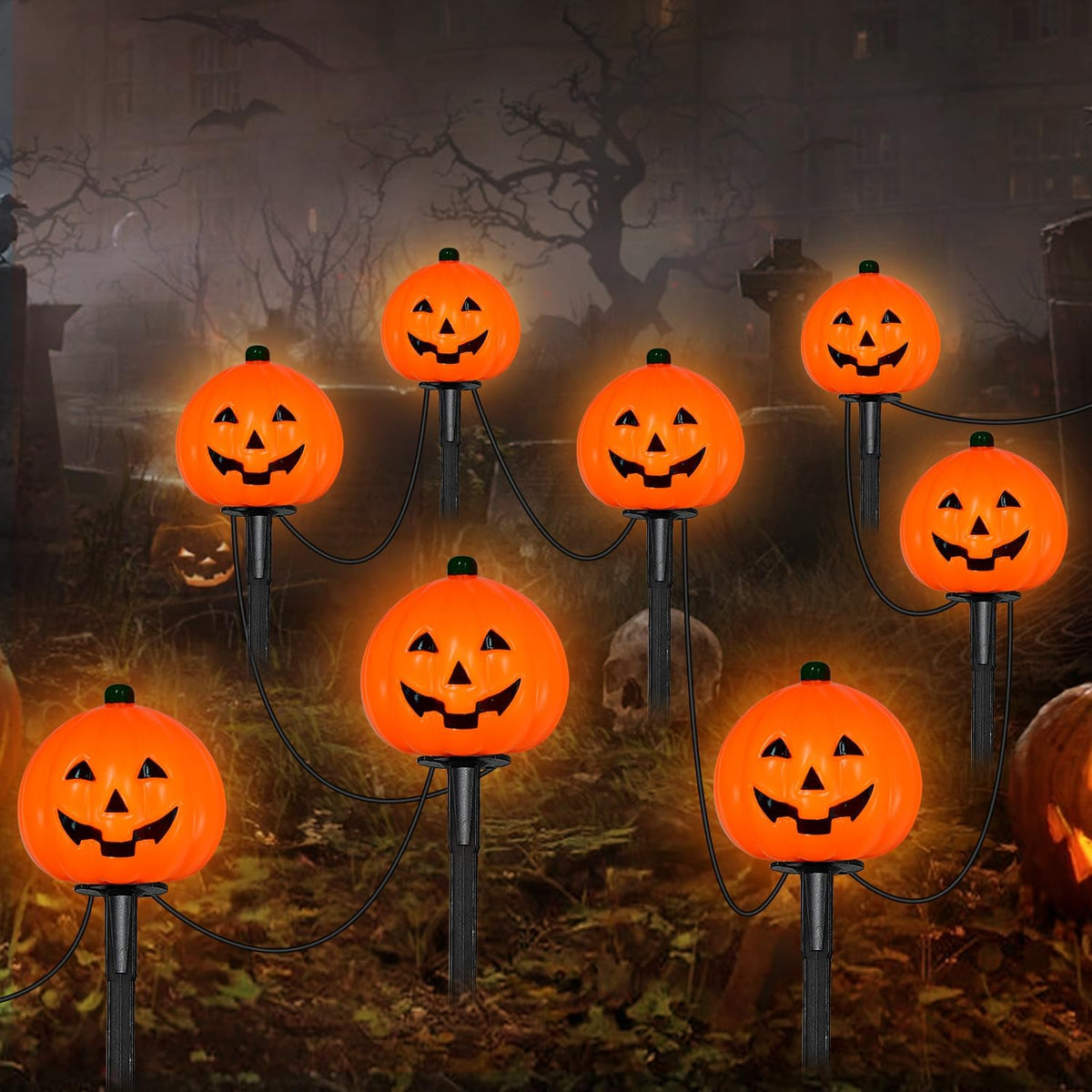 2 Sets 7Ft Halloween Pathway Lights Outdoor Pumpkin Stake Light with 4 Jack-O...