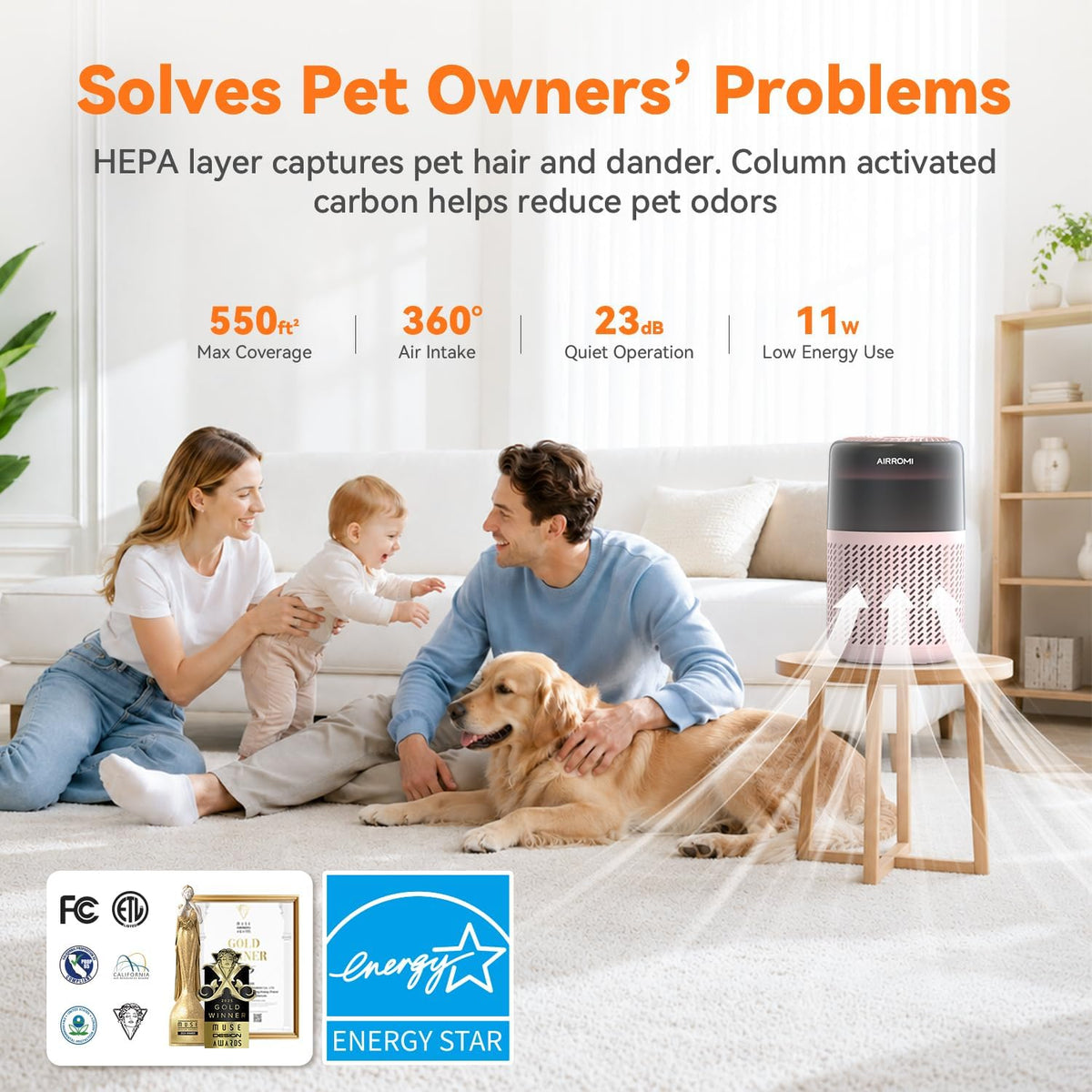 airromi hepa air purifier for bedroom&home,pet air purifier shown in use