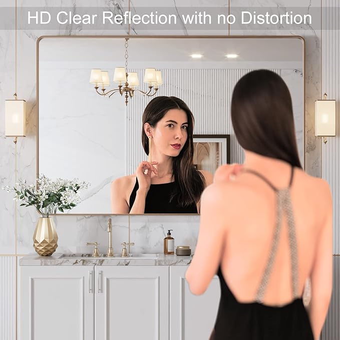 LOAAO 48”X32” Gold Bathroom Mirror, Rounded Rectangle Gold Frame Mirror - Image 2