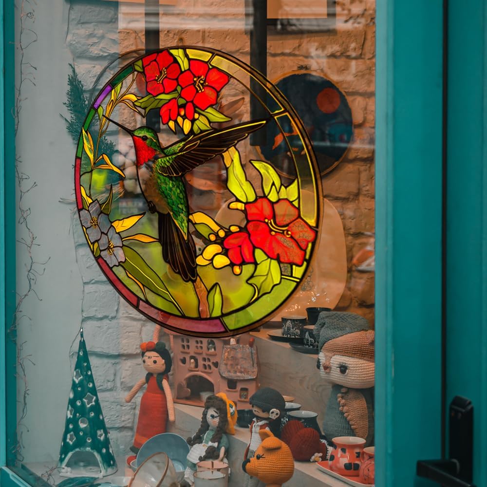 Window Stickers Hummingbird Static Glass Clings Window Decals Flower and Bird Reusable Home Decor(Round)