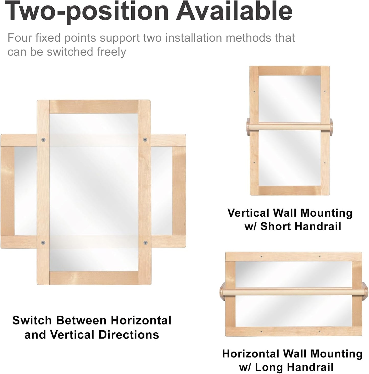 Baby Montessori Non-Shatter Sensory Safety Mirror w/ 2 Pull Up Bars | Exquisitely Crafted Solid Birch Wood Frame, Infant Coordination Small Mirror For 6-18 Months