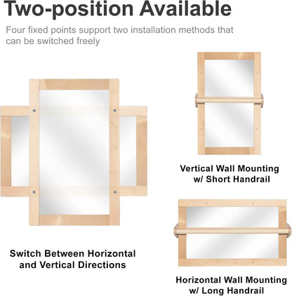 Baby Montessori Non-Shatter Sensory Safety Mirror w/ 2 Pull Up Bars | Exquisitely Crafted Solid Birch Wood Frame, Infant Coordination Small Mirror For 6-18 Months