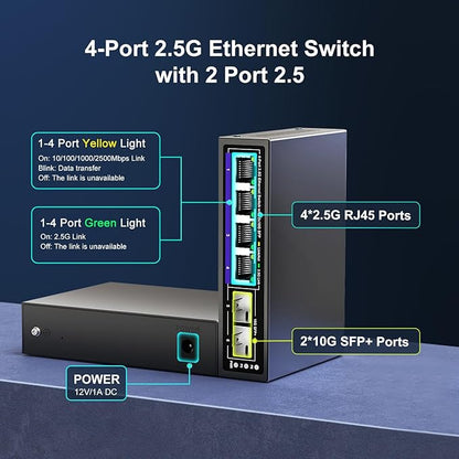 6 Port 2.5G Unmanaged Ethernet Switch, 4 x 2.5G Base-T Ports, 2 x 10G SFP+ - Image 2