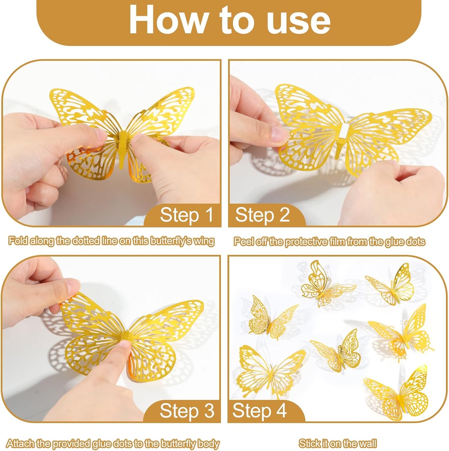 Rindion 84PCS 3D Butterfly Decorations, 3 Sizes 7 Styles Butterfly Wall Decor Gold Butterflies Decorations for Cake, Butterflies Party, Birthday, Wall