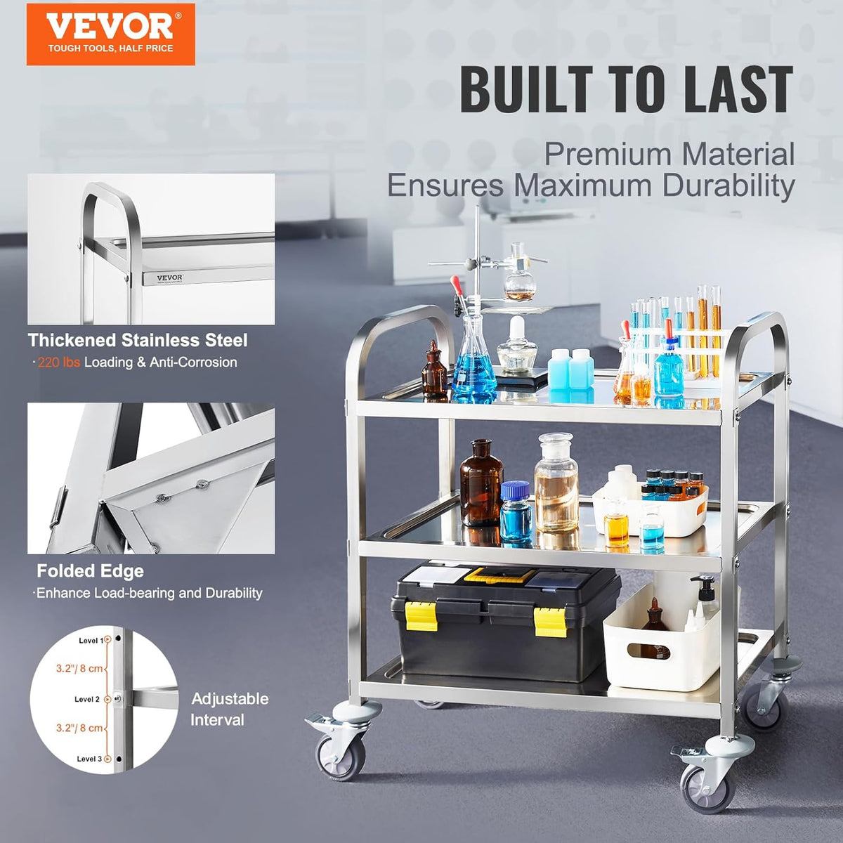 VEVOR Stainless Steel Cart, 3 Layers Lab Utility Cart 220 lbs Weight Capacity...
