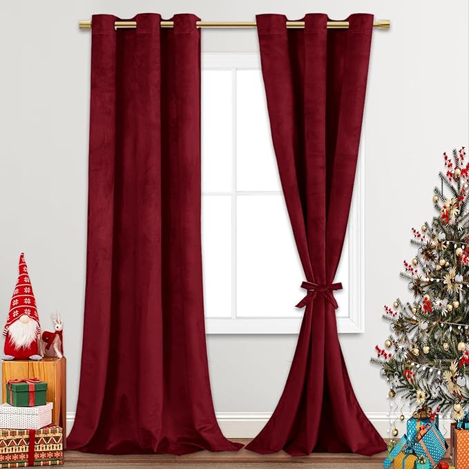 JIUZHEN Wine Red Velvet Curtains 96 inches Blackout Curtains by JIUZHEN