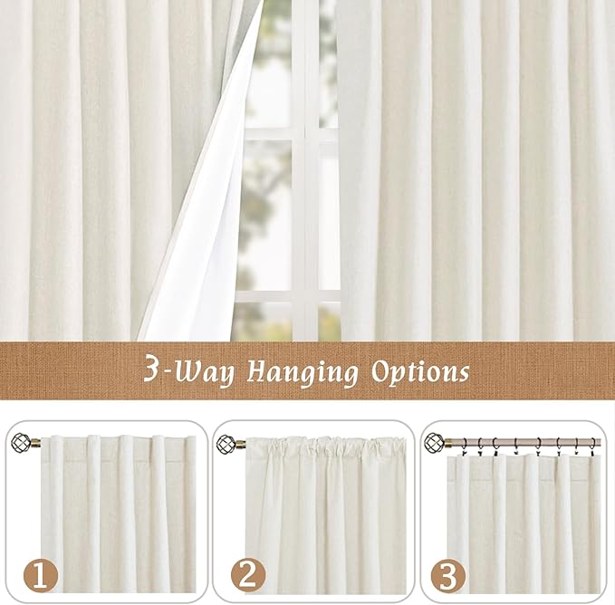 LAMIT Ivory 100% Blackout Linen Curtains 48 Inches Long, Linen Textured Living - Image 9