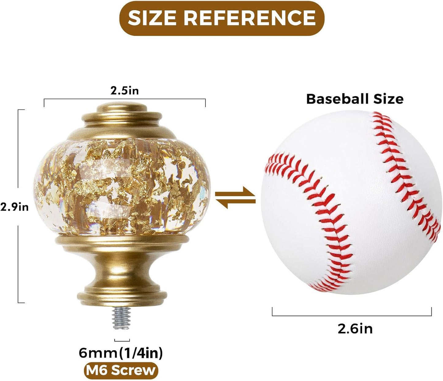 Replacement Finials for Curtain Rods (1 or 7/8 Inch), Luxury Gold | Set of 2, Window Treatment Finials with M6 Screws(1/4 in), Decorative Translucent Gold Foil Design