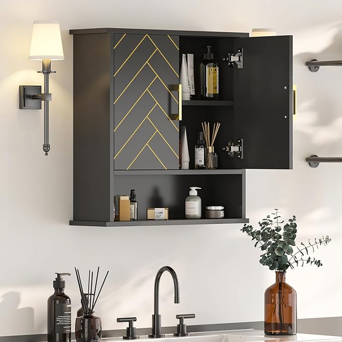 Black Chevron Pattern Bathroom Wall Cabinet, Modern Hanging Medicine Cabinet - Image 7