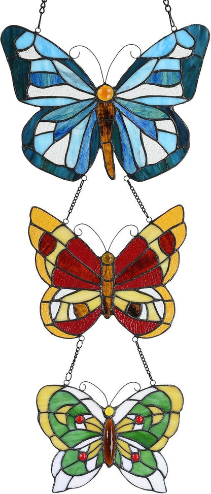 Bieye W10053 Butterfly Tiffany Style Stained Glass Window Panel with 3 Pieces Hanging Successively Within Chains, 12" W x 25" H