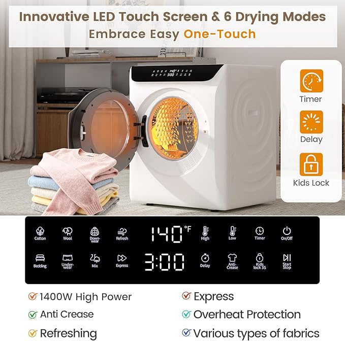 VCJ 2.8 cu.ft Portable Dryer, 1400W Electric Clothes Dryer - Image 3