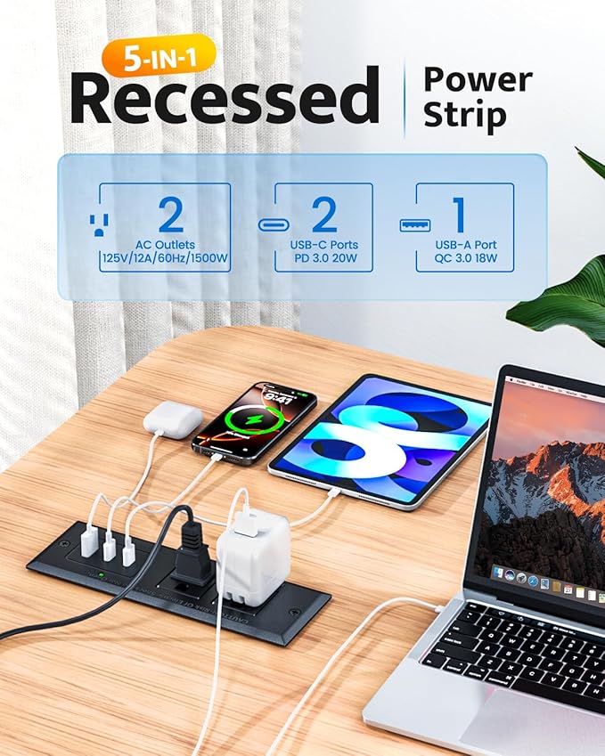 Recessed Power Strip with 20W USB C Port, Fast Charging USB A Port Conference - Image 2