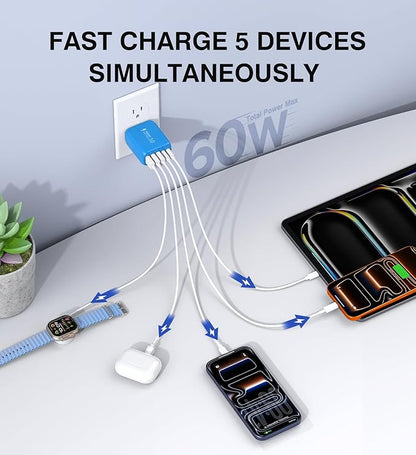 2-Pack USB C Wall Charger Block, 60W 5-Port C Charger Fast Charging Block PD - Image 2