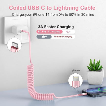 KIYODA USB C to Lightning Cable 3FTfor Car, Coiled iPhone Charger Fast Charging - Image 2