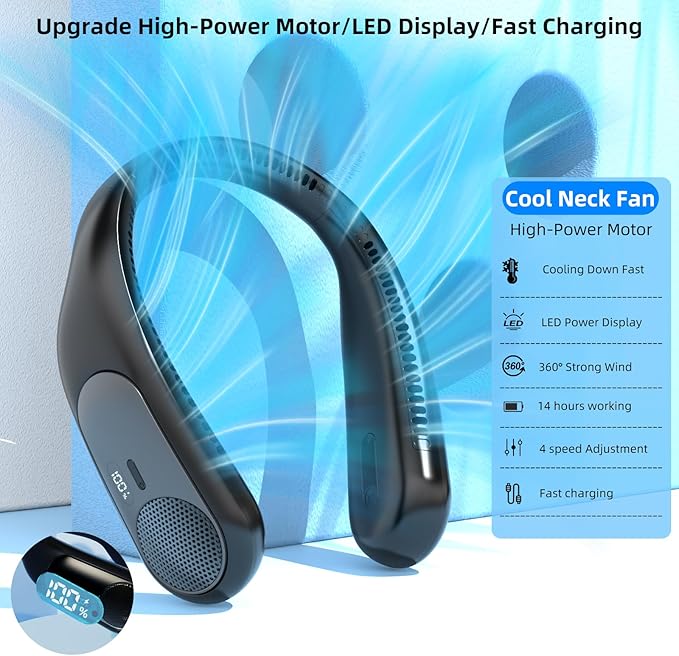 Portable Neck Fan, Personal Wearable Bladeless Fan, LED Display, 6000mAh USB - Image 3