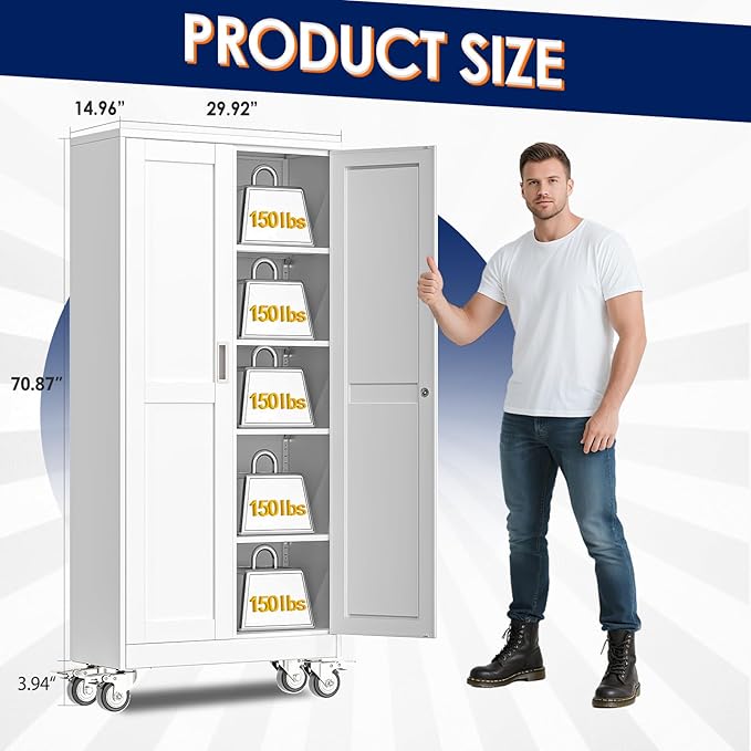 71" H Metal Garage Storage Cabinet, Rolling Tool Cabinet - Image 2