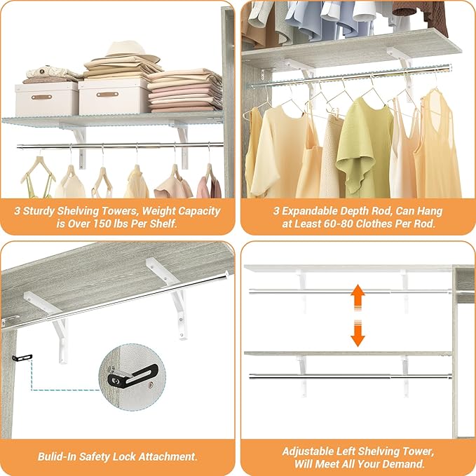 8FT Closet System with Shelves, Wall Mount Bedroom Wardrobe Walk-in Closet - Image 6