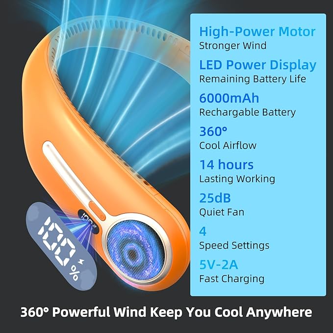 Portable Neck Fan, Hands Free Personal Wearable Bladeless Fan, 6000mAh USB - Image 3