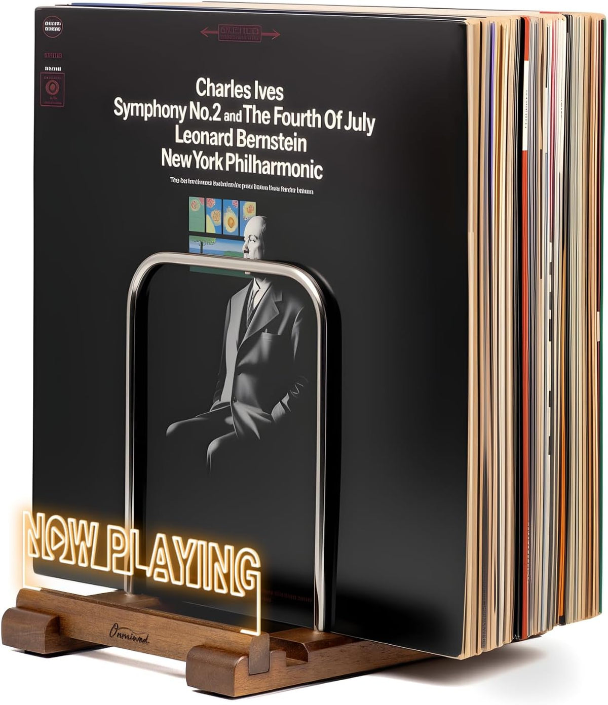 Onmiwod Vinyl Record Holder for 35 LPs, Light Up Now Playing Vinyl Record Sta...