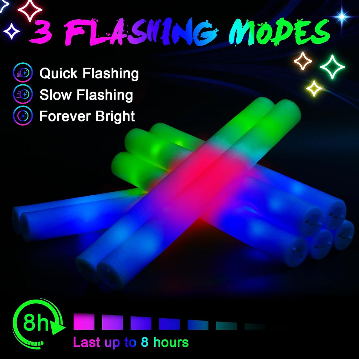 wellent 64 Pack Foam Glow Sticks, Bulk LED Foam Sticks, Foam Light Up Sticks ...